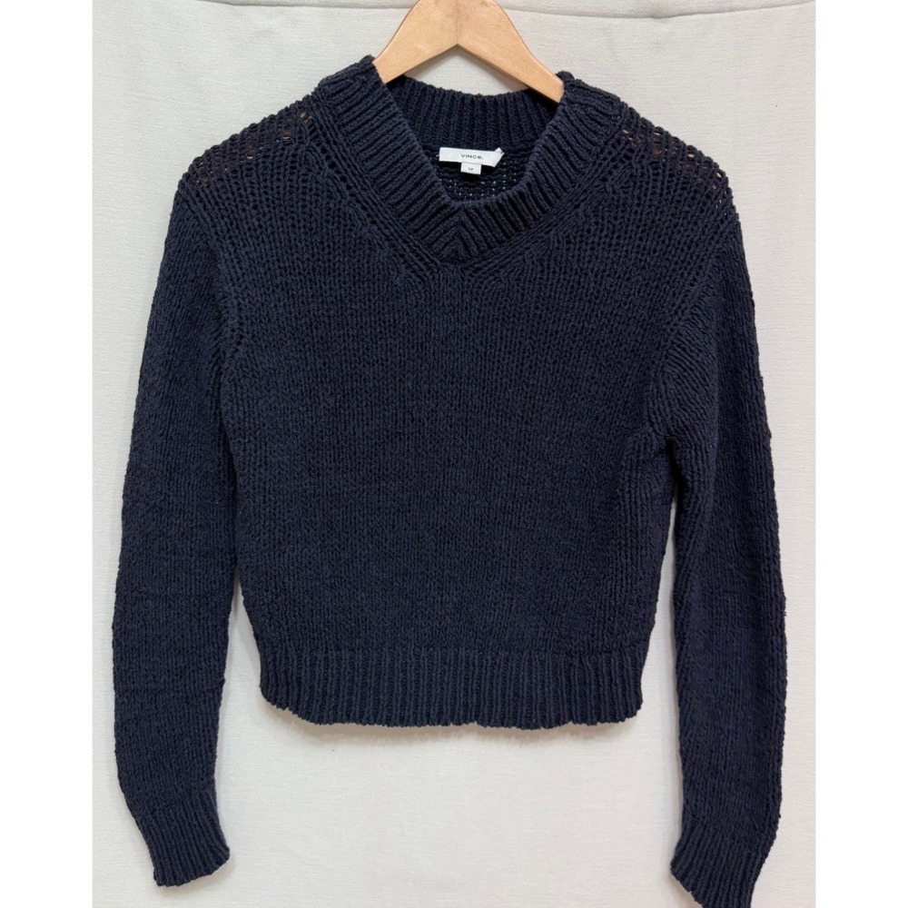 Vince Women's Sweater Navy Knit V-Neck Cotton Blend Cropped Minimalist Luxury S